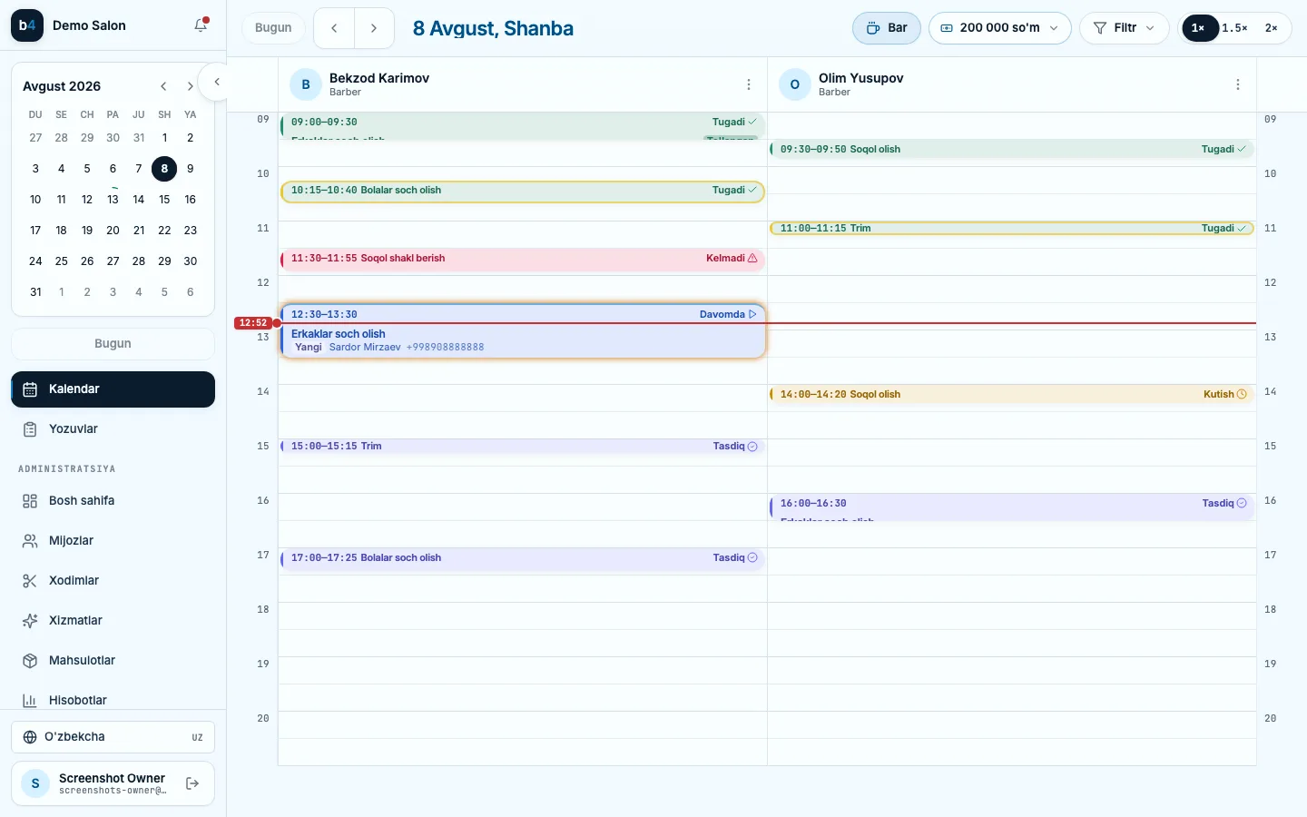 book4me calendar showing a day of appointments across two staff members