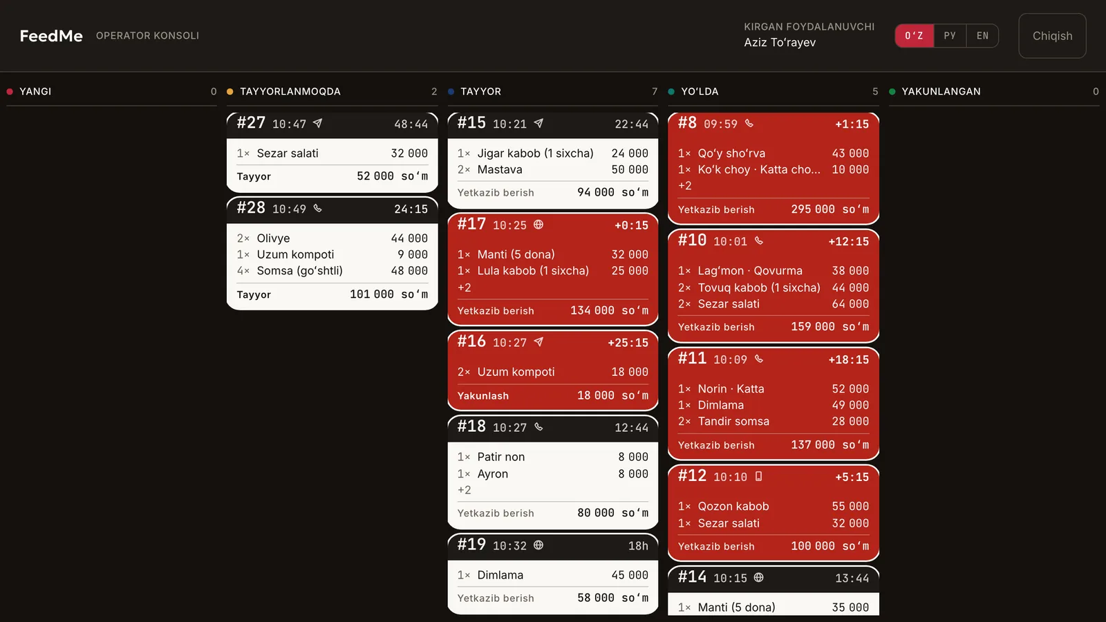 feedme operator console with orders moving through preparation, ready and delivery stages